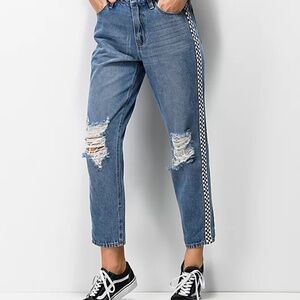 Empyre Junior Girls Distressed Medium Blue Wash Checked Eileen Mom Jeans Size 0